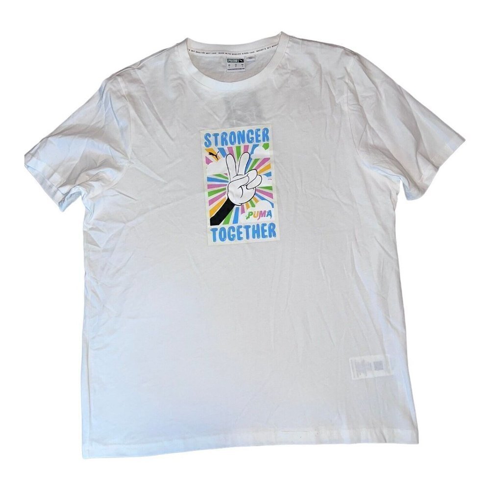NWT PUMA Stronger Together Mens White Cotton Short Sleeve T-Shirt Sz L
